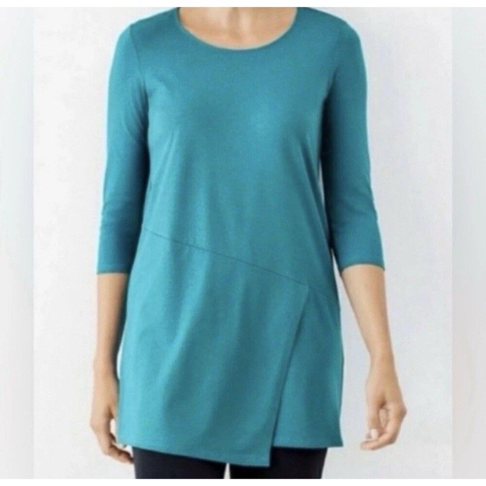 J. Jill Pure Jill Wrap Tunic Top Size XL Teal Blue 3/4 Sleeve Scoop Neck Blouse